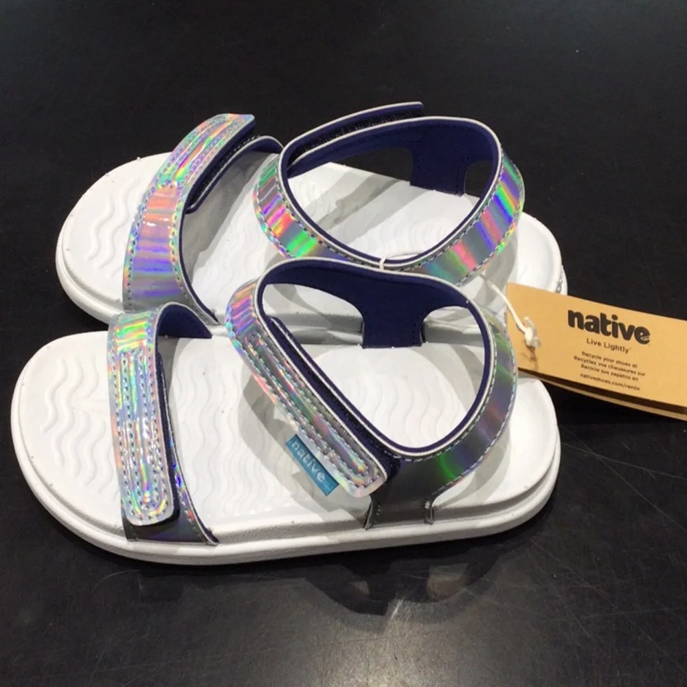 Native Kids Holographic Silver White Sandals